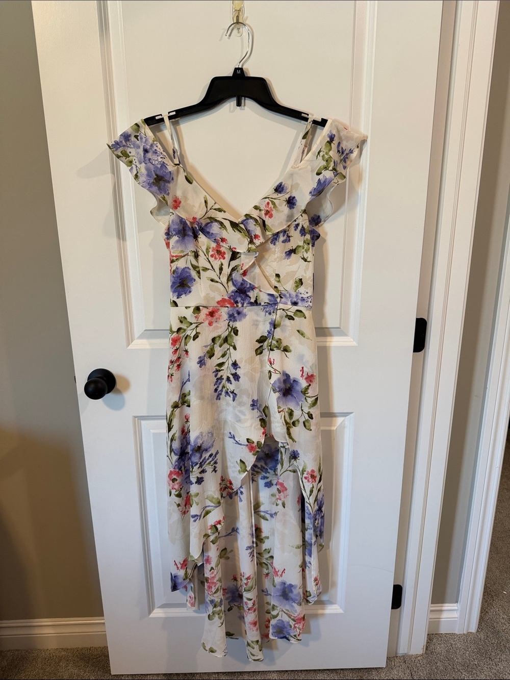 Off the Shoulder Floral Ruffle V-Neck High-Low Dress in Cream and Purple